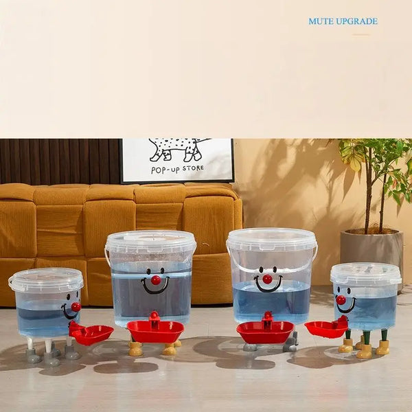 A set of cartoon gravity pet water dispensers in various sizes and colors sitting on a light wooden surface.