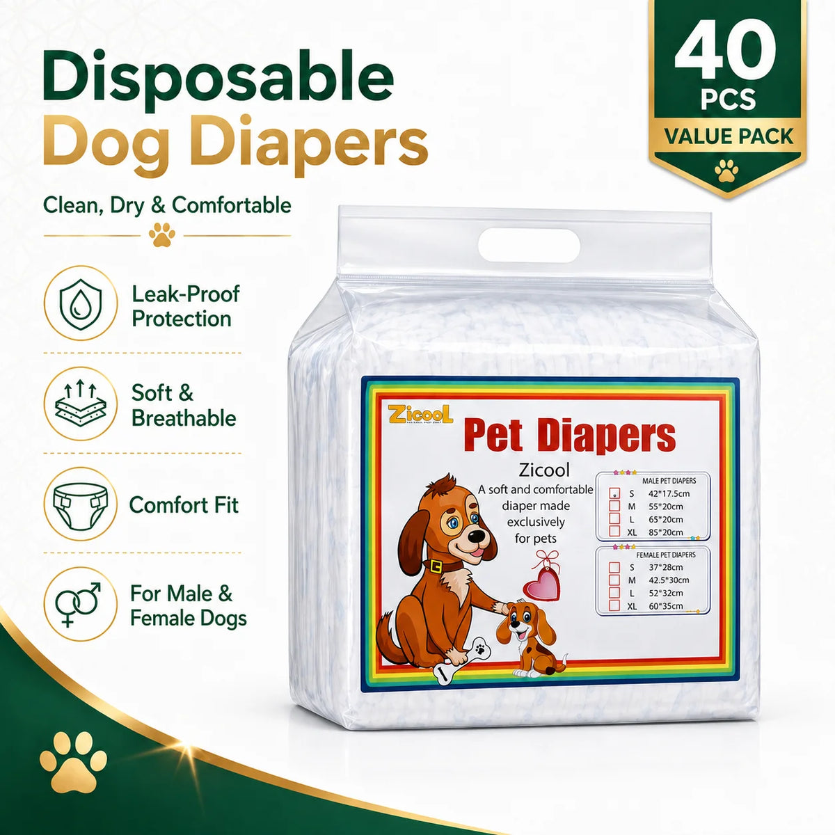 A package of 40 disposable pet diapers in various sizes for male and female dogs