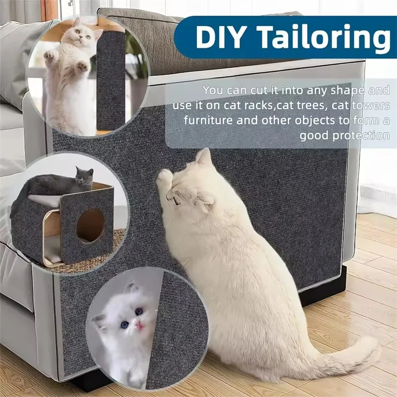 A white cat is shown using a DIY tailoring technique to cut and form a protective structure from the self-adhesive pad.