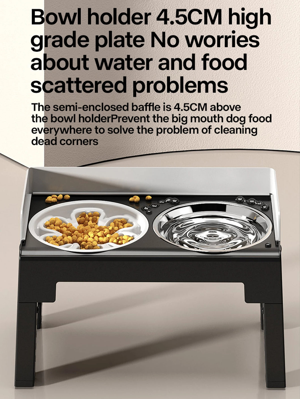 A black elevated dog feeder with two stainless steel bowls is shown on a surface.