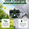 A green solar ultrasonic animal repeller device with a motion sensor is shown outdoors in a snowy environment.