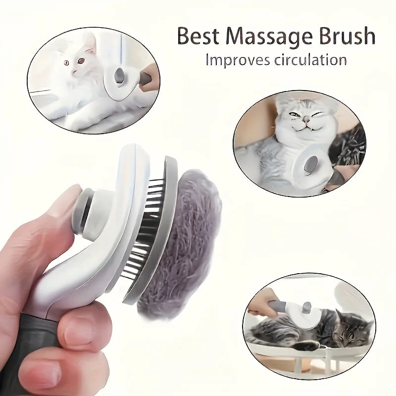 Weiße Massagebürste für Haustiere wird auf eine Katze angewendet, demonstriert ihre zirkulierungsverbessernde Funktion.