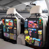 Car backseat organizer with tablet holder and storage pockets featuring various gadgets and accessories.