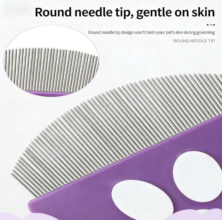 Close-up view of a round needle tip grooming comb with silver teeth on a purple background.