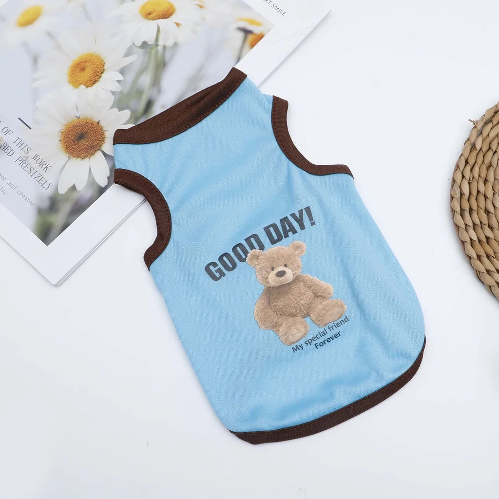Light blue pet vest with a teddy bear graphic and the text Good Day Forever