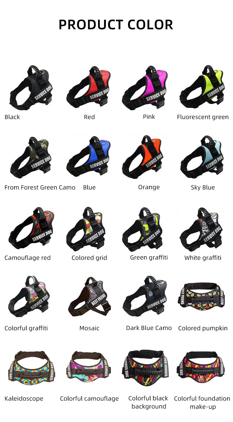 A variety of pet walking harnesses in different colors including black, red, pink, green, blue, orange, and camouflage patter