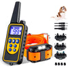 A black remote control electric dog training collar with various accessories and a dog wearing the collar.