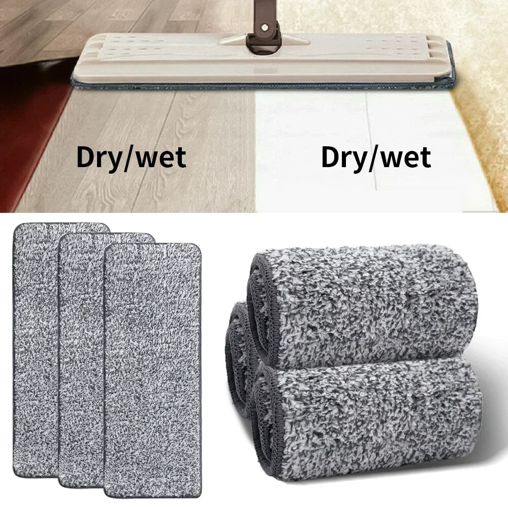 Reusable microfiber mop pads and a flat mop with a spinning head shown for dry or wet cleaning