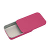 A pink compact sliding lid tin box with a silver interior, shown open.
