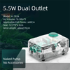 A clear plastic dual outlet aquarium air pump with a green cap and wires, shown on a white surface.