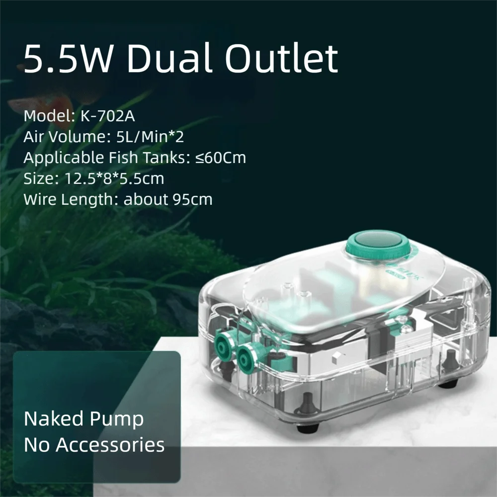A clear plastic dual outlet aquarium air pump with a green cap and wires, shown on a white surface.