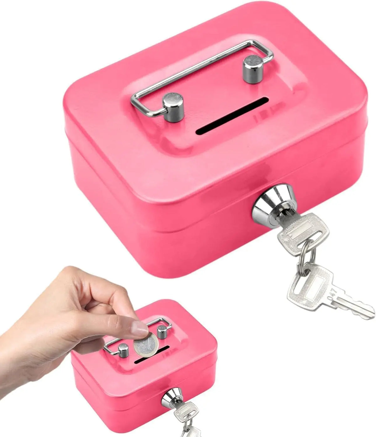 A pink portable metal cash box with a handle, lock, and keys is shown being held by a hand.