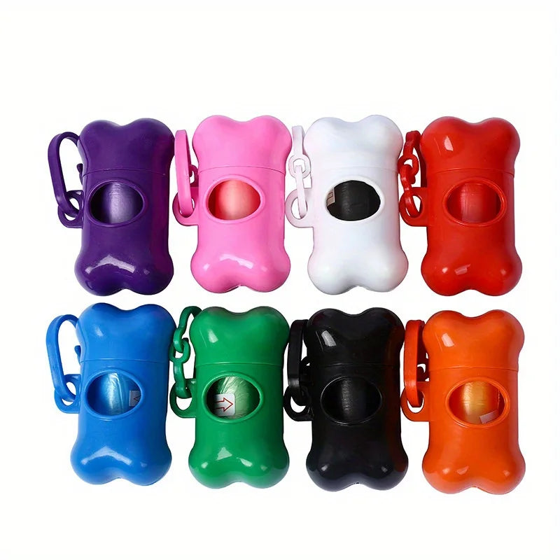 A set of nine bone-shaped pet poop bags dispensers in various colors including purple, pink, white, and orange.