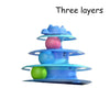 A three-layered, stacked toy tower featuring colorful plastic components.