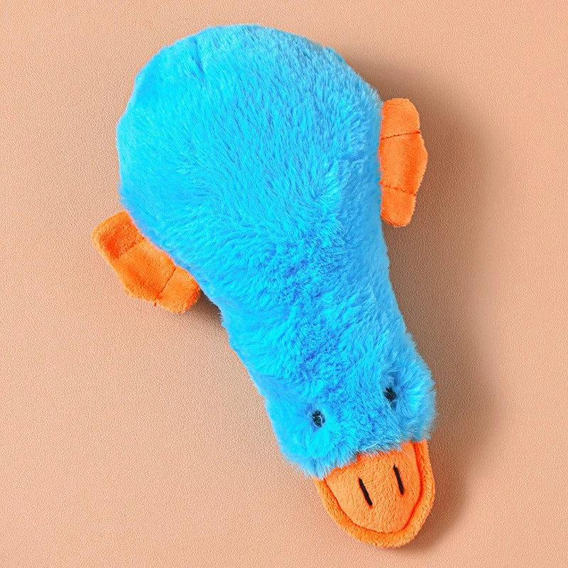 A bright blue plush duck toy with orange feet and beak, designed as an interactive pet for dogs and cats.
