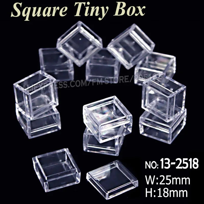 Clear square tiny box storage container with dimensions 25mm wide by 18mm high