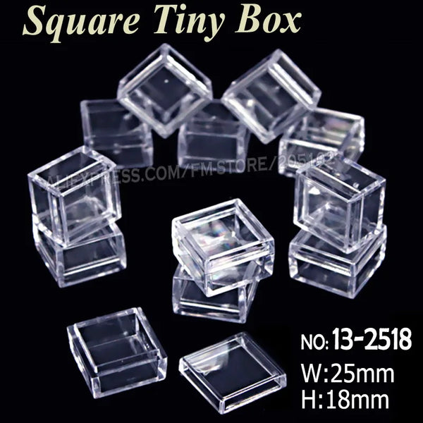 Clear square tiny box storage container with dimensions 25mm wide by 18mm high