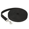 Black durable nylon dog training leash with a metal clip and coiled strap.
