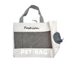 A light gray fabric pet bag with a mesh window and the word Fashion printed on it.