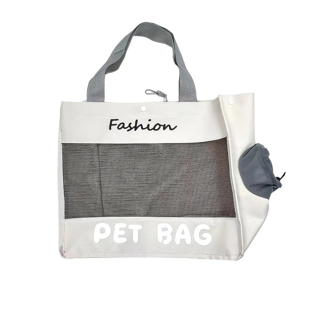 A light gray fabric pet bag with a mesh window and the word Fashion printed on it.