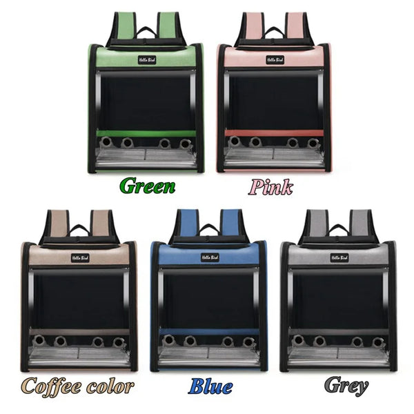A collection of ventilated bird travel backpacks in green, pink, coffee color, blue, and grey.
