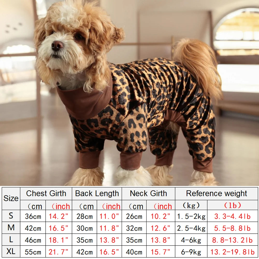 A small dog wearing a leopard print pajama coat standing indoors.