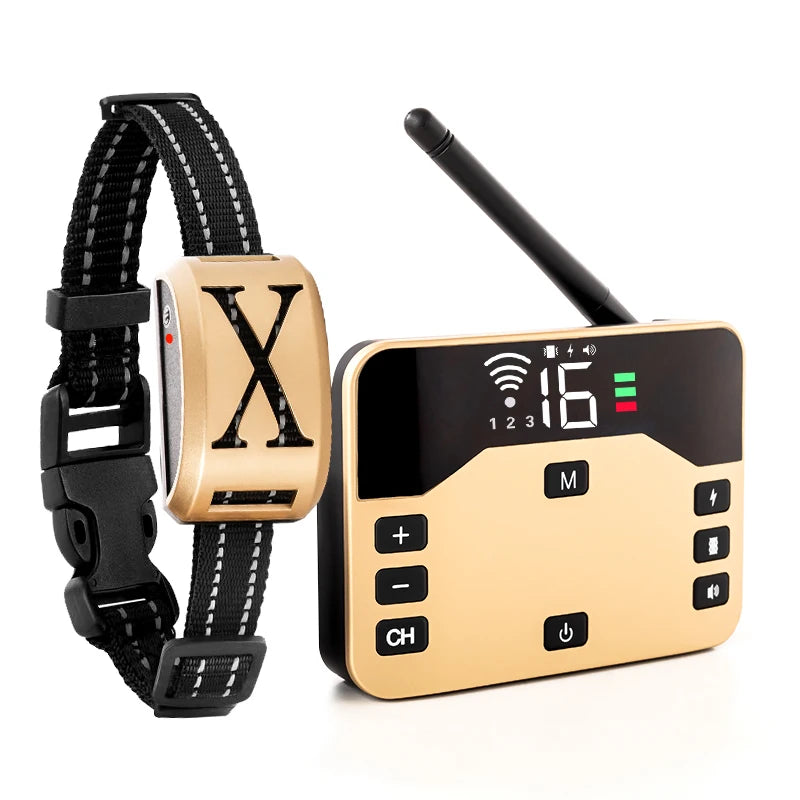 A beige dual function dog training collar with a remote trainer and an electric fence component.