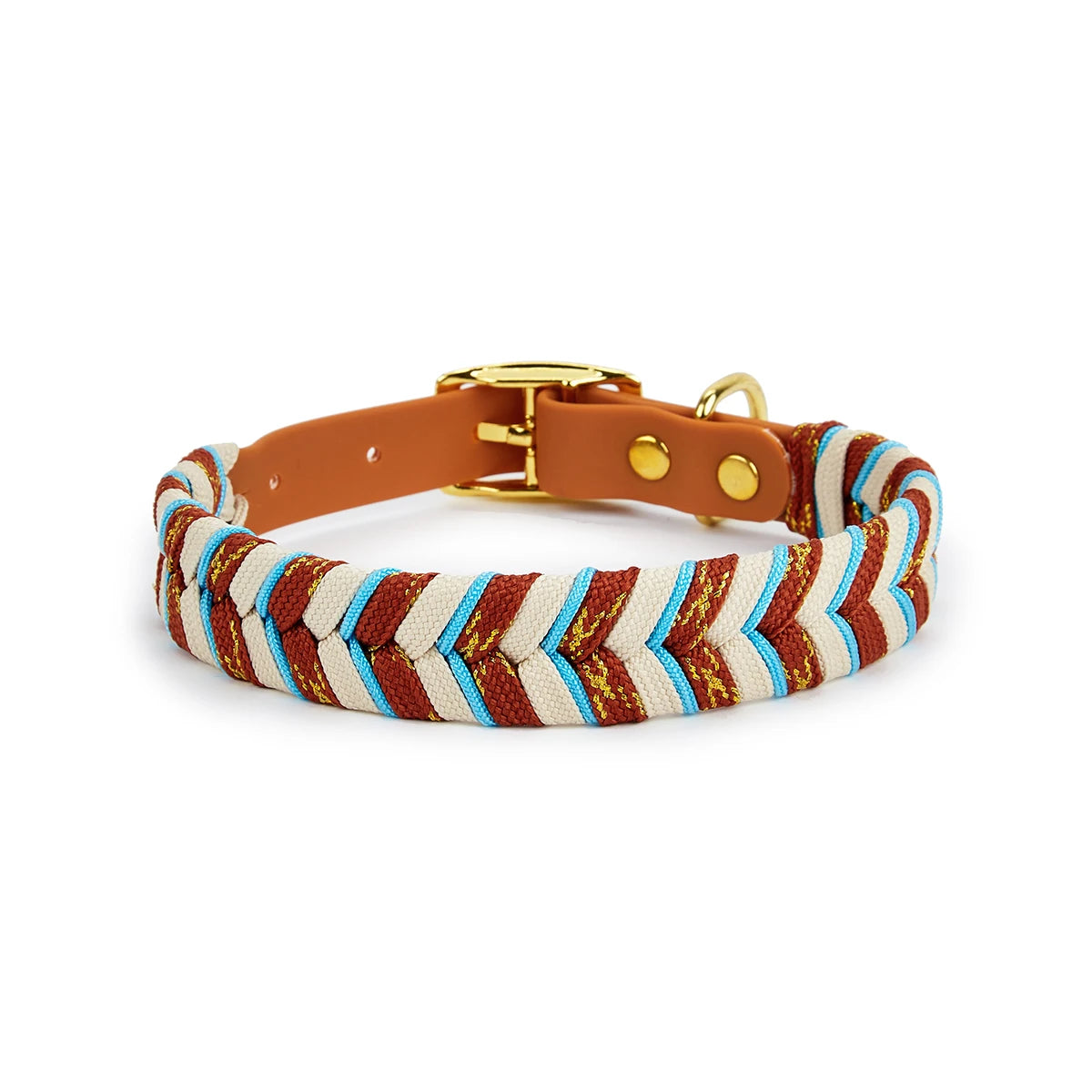 A handmade dog collar featuring woven multicolored leather and a brass buckle.