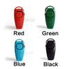 A set of five colored dog training clickers and whistles in red, green, blue, and black.