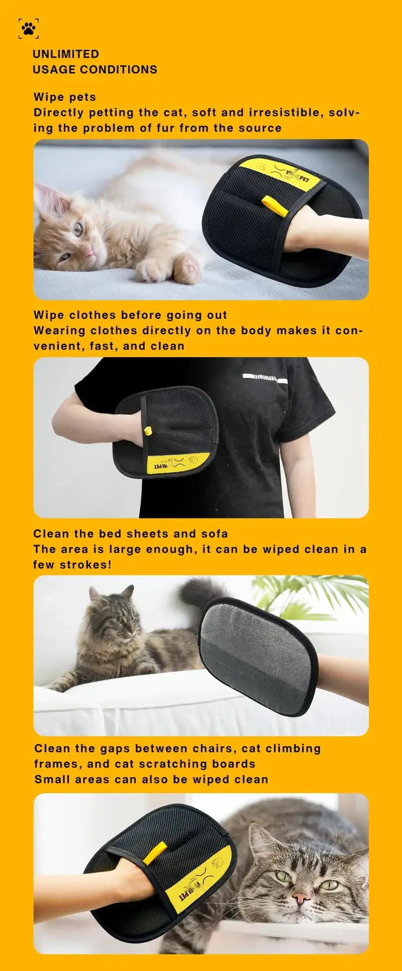 A hand wearing a black electrostatic glove is cleaning pet hair from a cat.