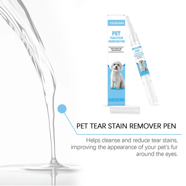A bottle of PET tear stain remover pen for pets is shown next to a stream of liquid.