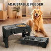 An adjustable feeder for dogs, featuring a dark gray stand and elevated bowls, placed on a wooden floor.