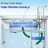 A triple filtration system for a cat water fountain showing fresh water flowing through the unit.