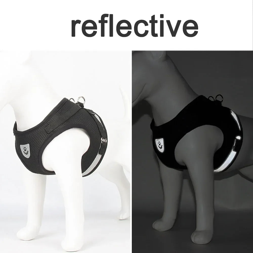 A black reflective mesh harness for cats and small dogs shown on a white background.