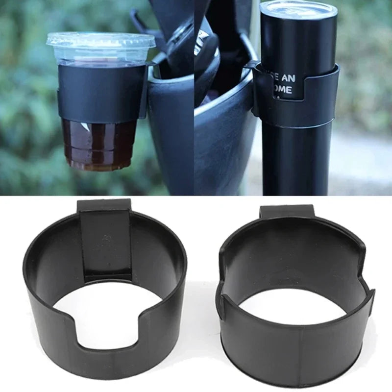 A black portable vehicle drink holder with a silicone cup insert shown in various angles.