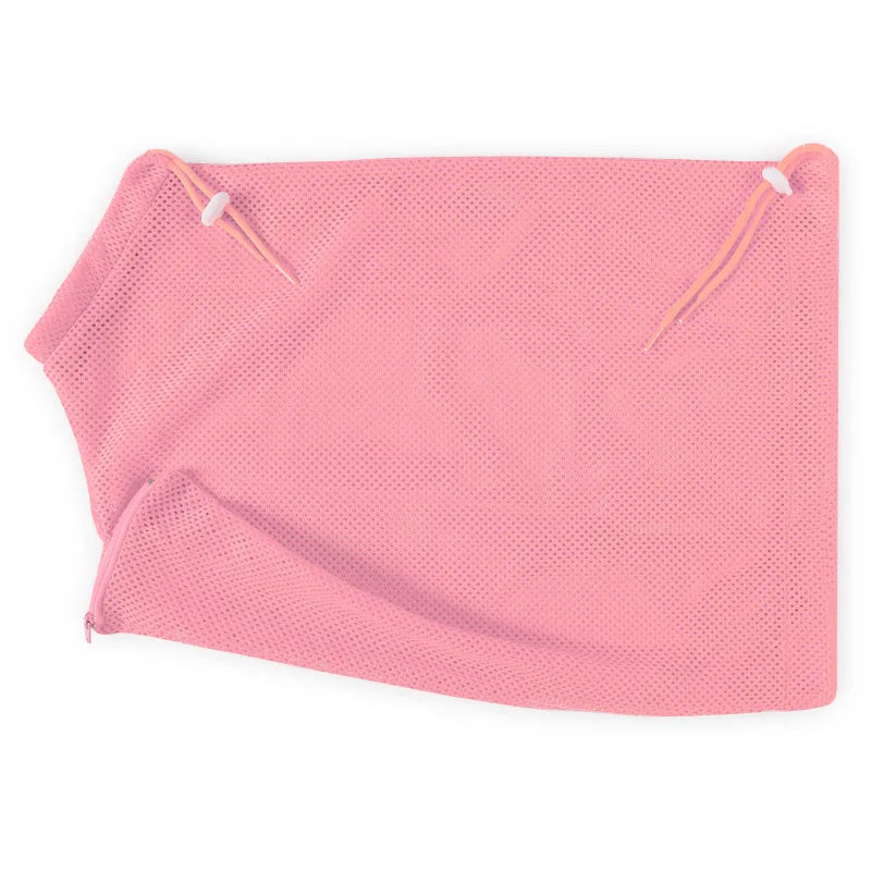 A pink reusable mesh bag for cat grooming and bathing, featuring drawstring closures.