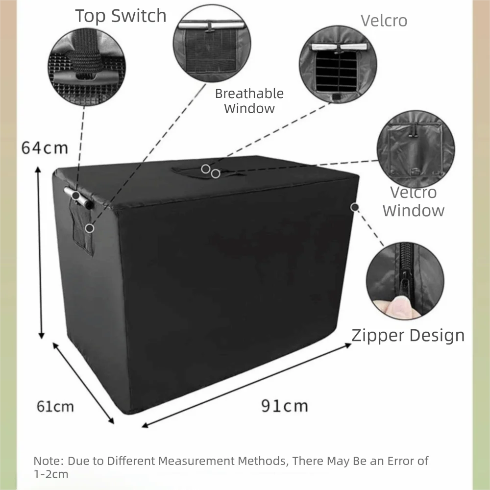 Black waterproof dog crate cover featuring various ventilation options like a top switch and velcro for weather protection