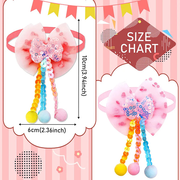 Pink lace bowtie collar accessories for small dogs and cats with colorful pom-poms