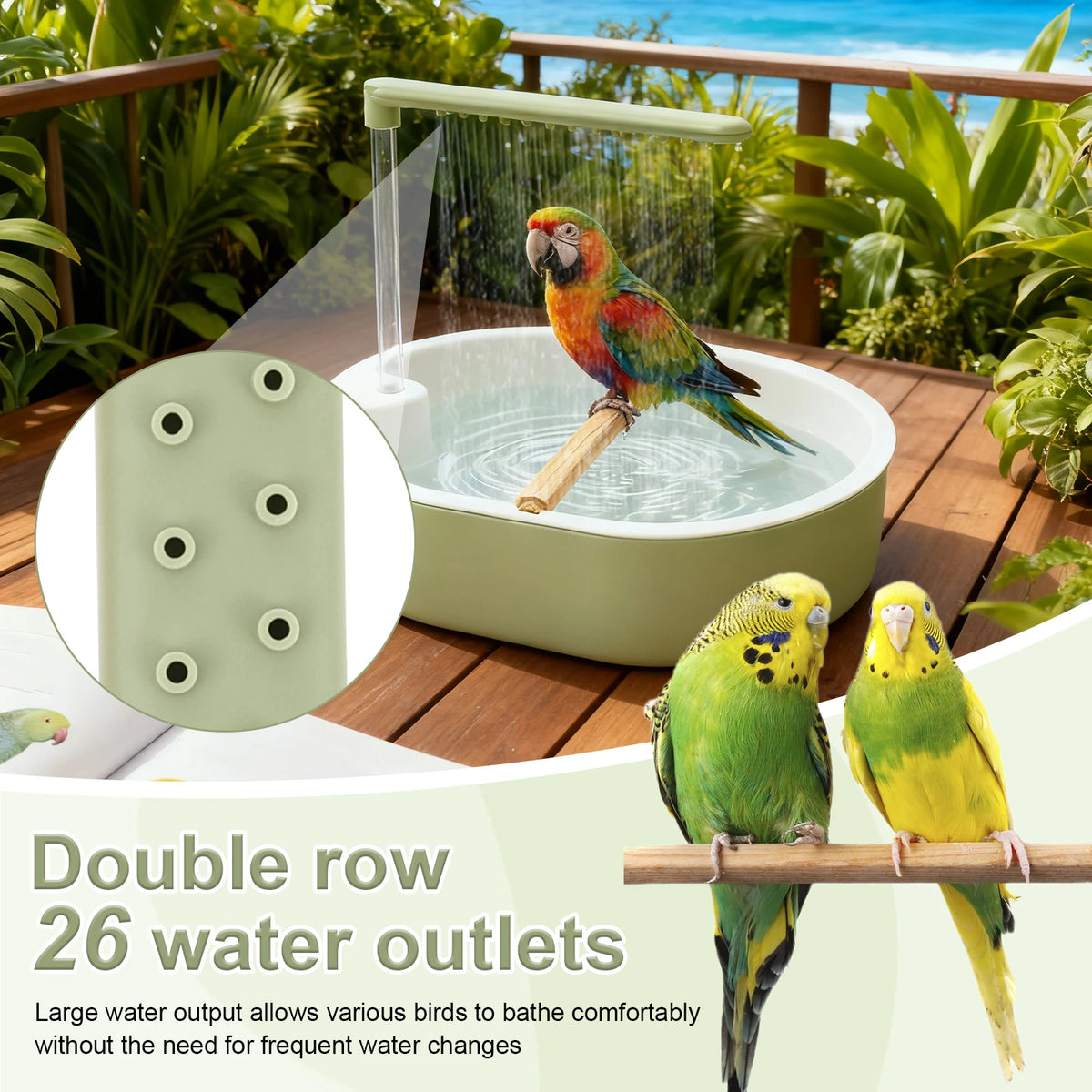 Fontaine à bain d'oiseaux avec deux rangées de 26 abreuvoirs, en extérieur.
