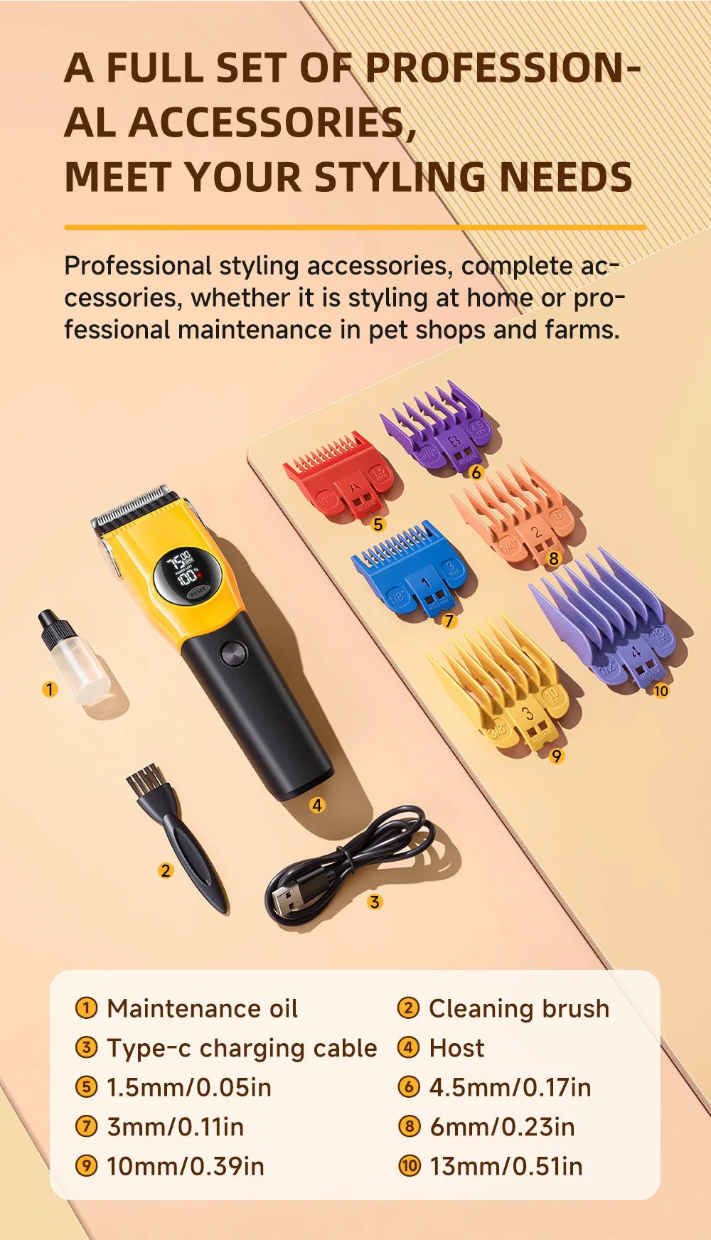Set professioneller Styling-Zubehör und Werkzeuge, einschließlich Föhn, Reinigungsbürste und Kammgrößen.