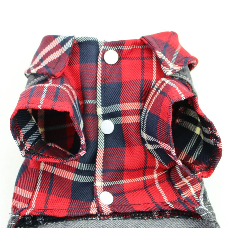 Red and black plaid denim jumpsuit for small dogs