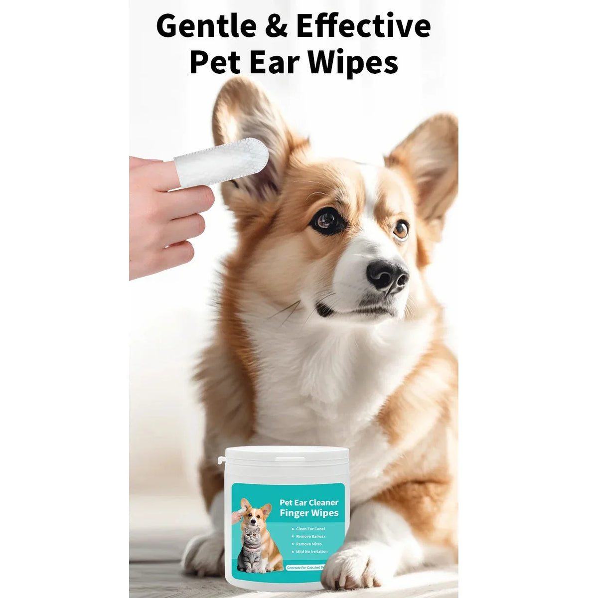 A dog is shown next to a hand holding pet ear wipes for cleaning.