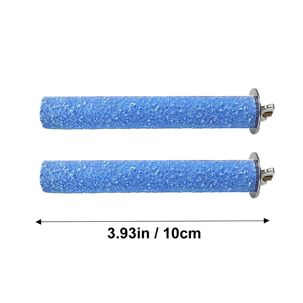 A long, cylindrical blue glitter perch stand made of natural wood for parrots and birds.