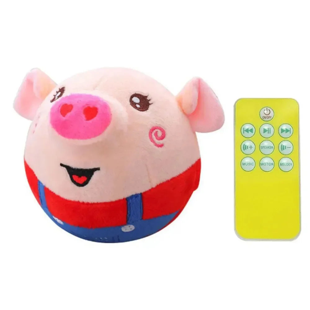 A pink pig plush toy with a red collar and a yellow electronic remote control for interaction.