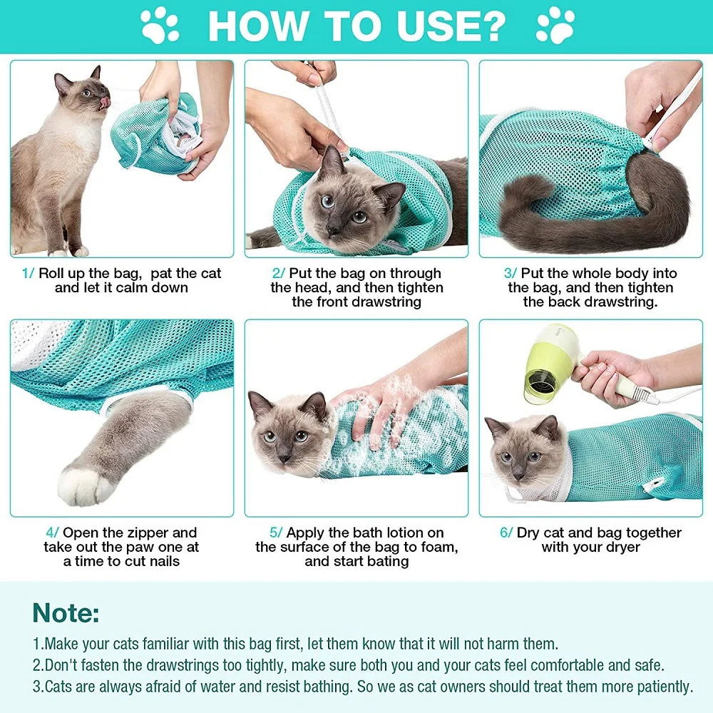Instructions for using reusable mesh bags for cat grooming and bathing