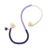 Interactive teeth grinding rope toy for cats with purple and white braided rope.