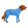 A blue comfort fit dog onesie with full leg coverage, shown in a side profile.