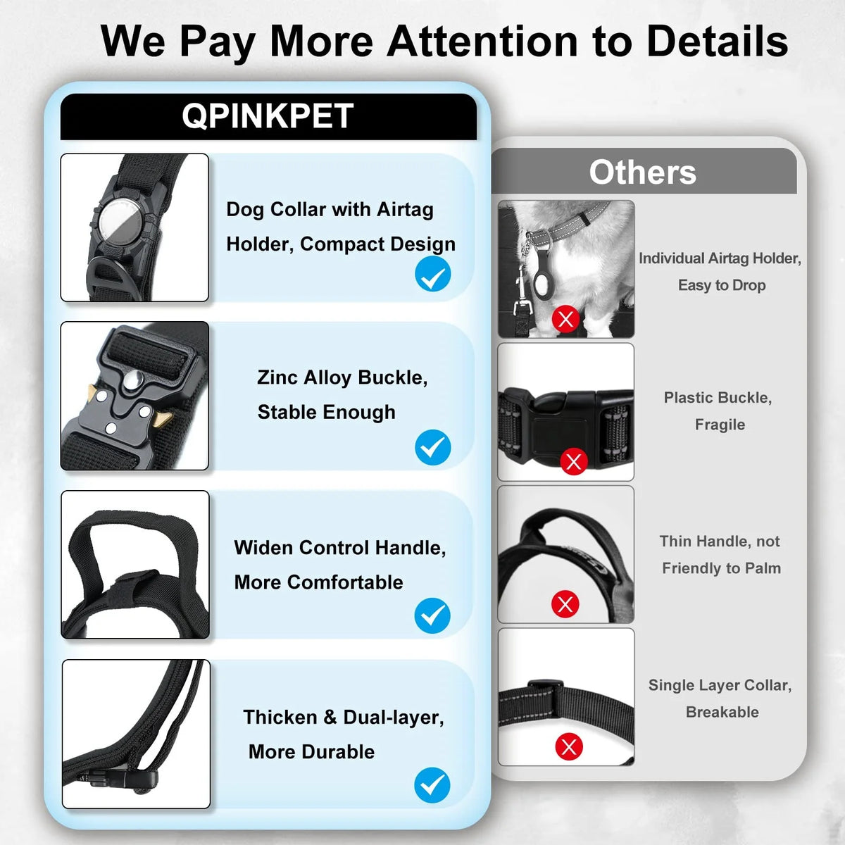 Comparison chart showing features of a QPINKPET collar versus other dog collars.