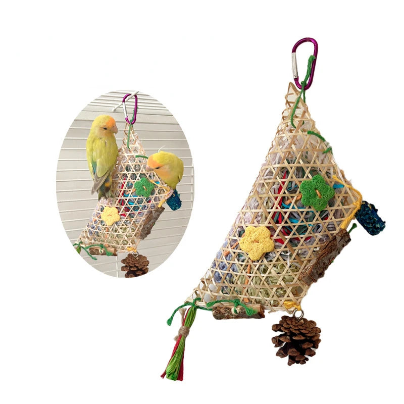 A parrot foraging chewing toy with a bamboo frame and colorful shredded paper inside.