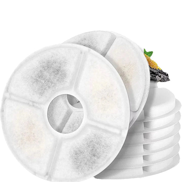 A stack of white pet water fountain replacement filters is shown.